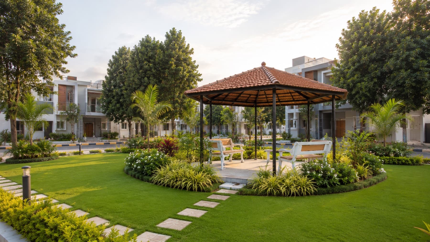 Garden pavilion surrounded by community landscape